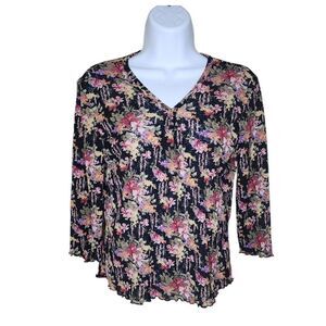 Vintage 90s Stretch Shirt Top Womens Size XS Black Floral Base Layer